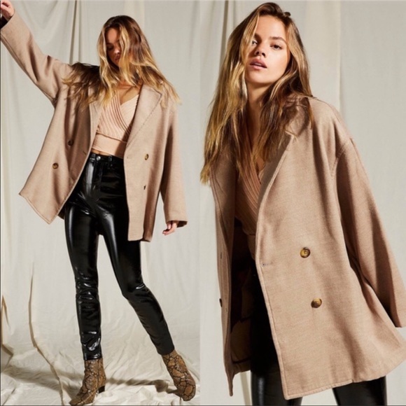 Free People Camel Hannah Slouchy Pea Coat Blazer